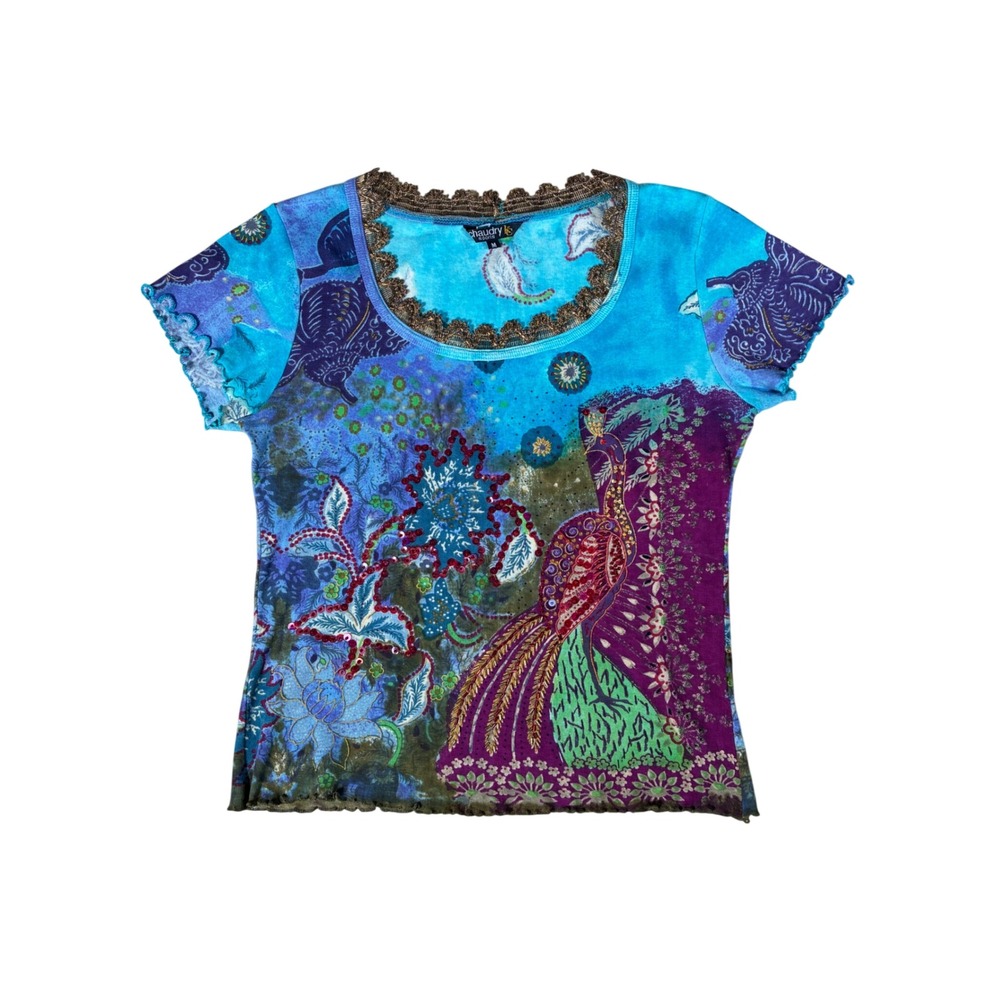 Chaudry Sports Peacock Sequin Lace Trim Boho Top Turquoise Purple M